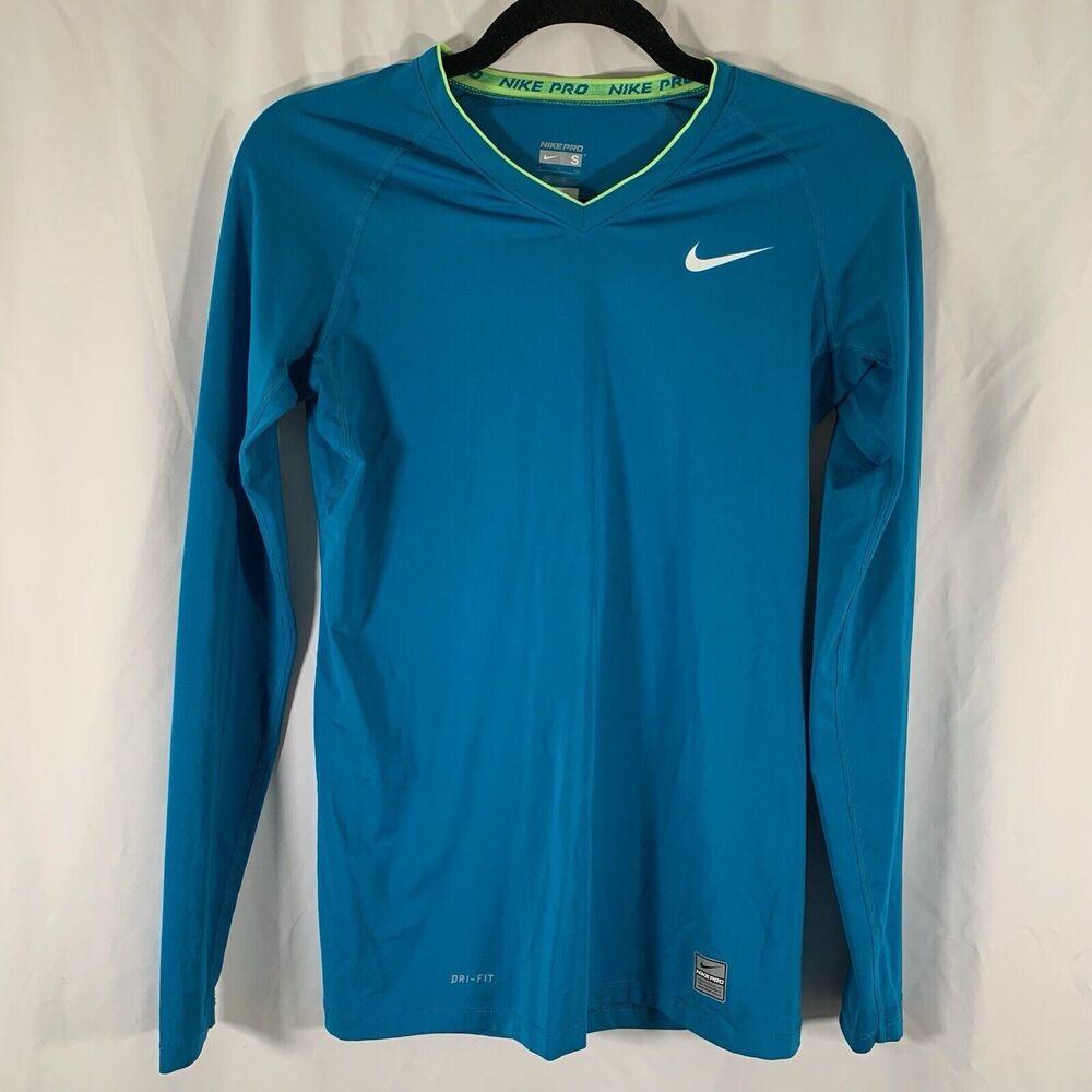 Nike Pro Shirt Women's Small Blue Vneck Long Sleeve Dri Fit Pullover - Picture 1 of 9